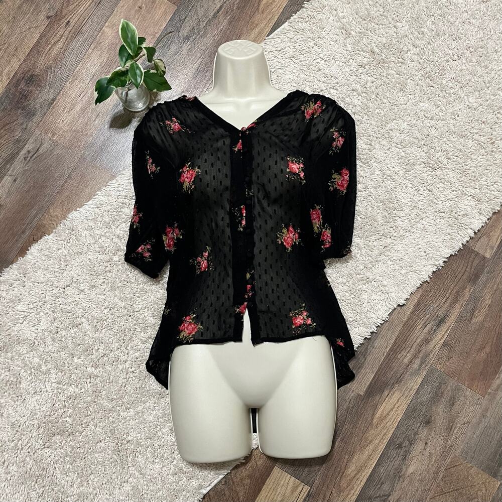 Lucky Brand Small Black Red Floral Swiss Dots Sheer Button Down V-Neck Top